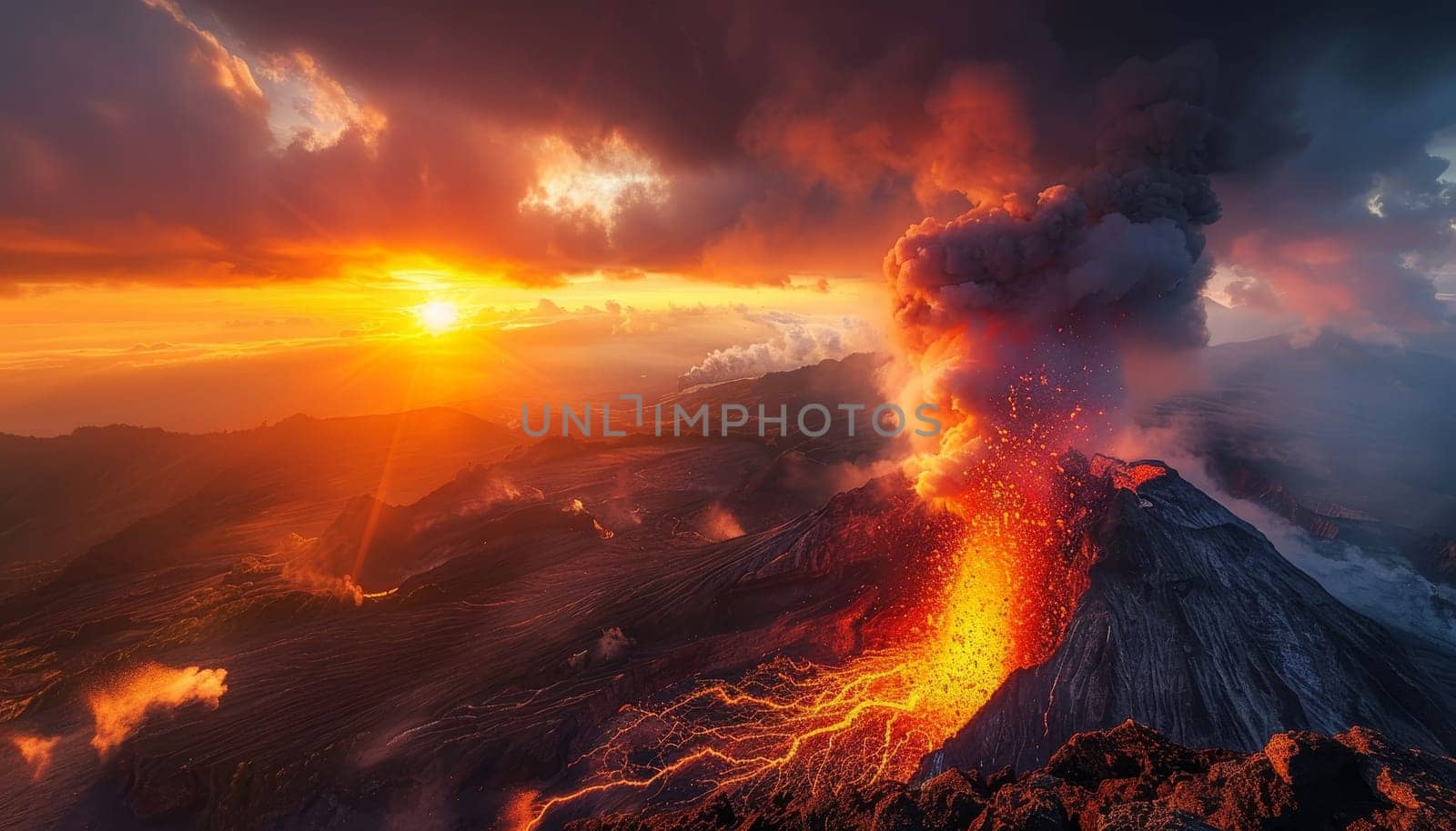 A fiery volcano is spewing lava into the sky, surrounded by a desolate landscape by AI generated image.