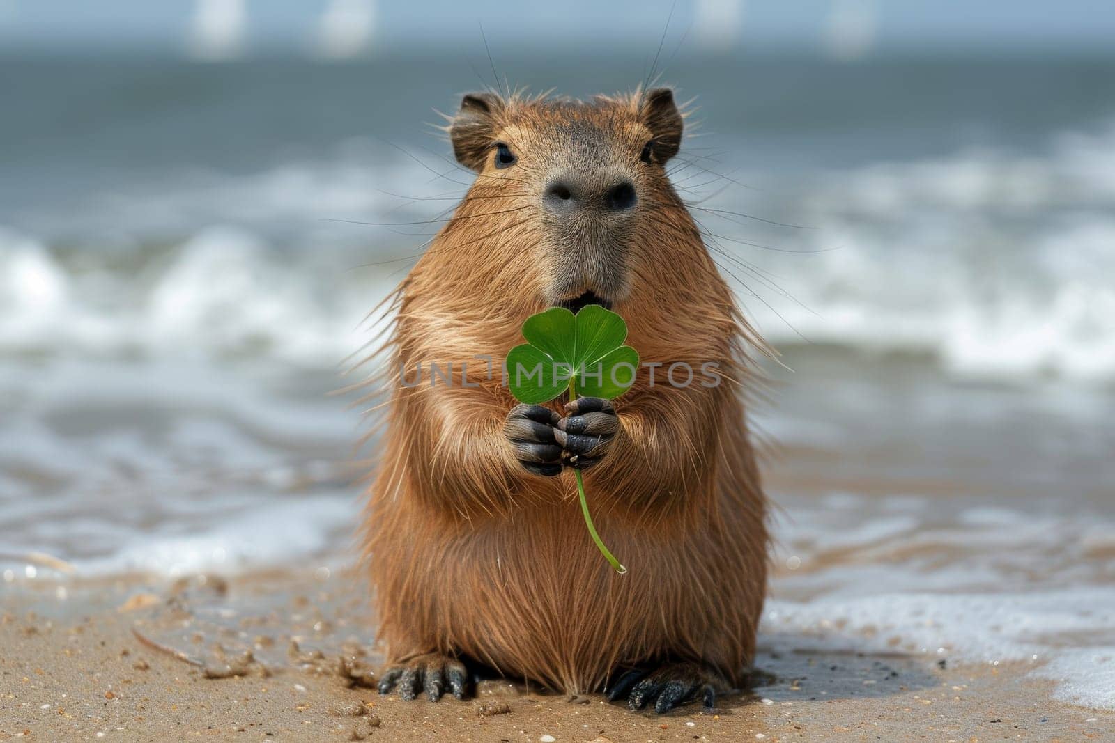 A brown capybara is holding a clover in its mouth on a beach. The scene is peaceful and serene, with the ocean in the background