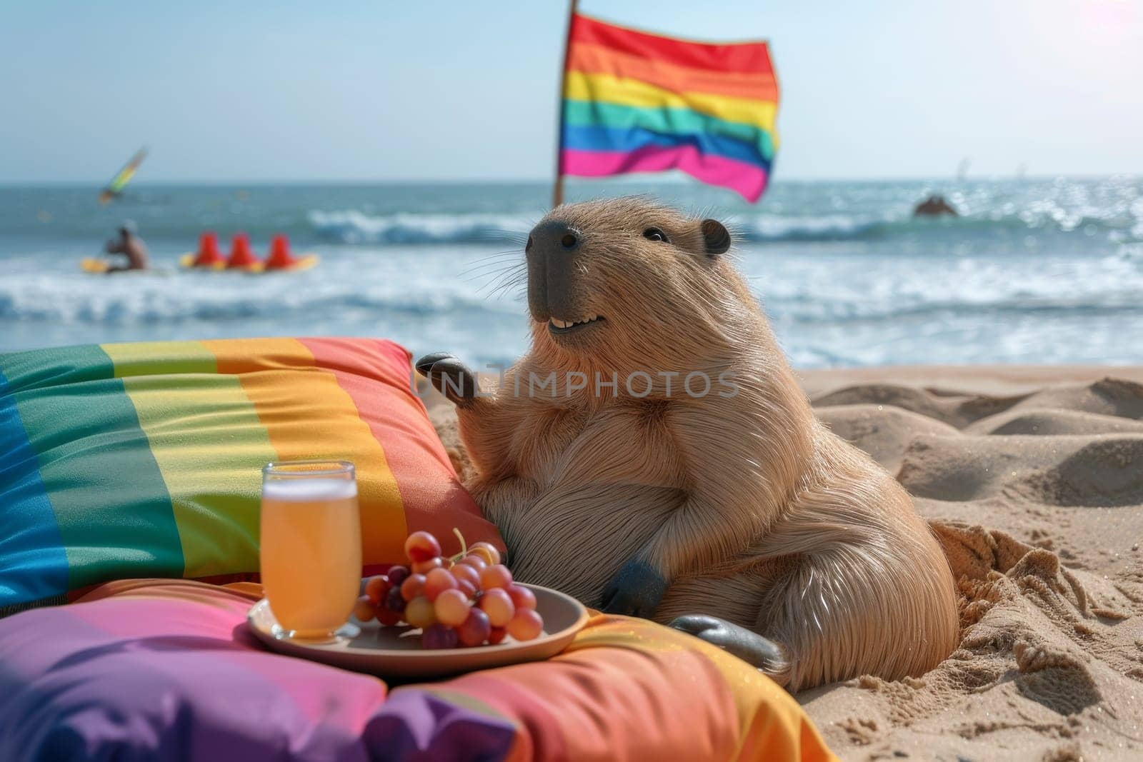 A monkey is sitting on a colorful beach blanket with a glass of orange juice and a plate of grapes