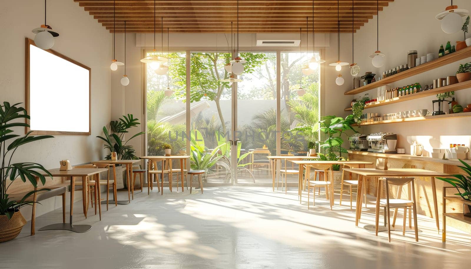 A bright and sunny restaurant with a large potted plant in the corner by AI generated image by wichayada