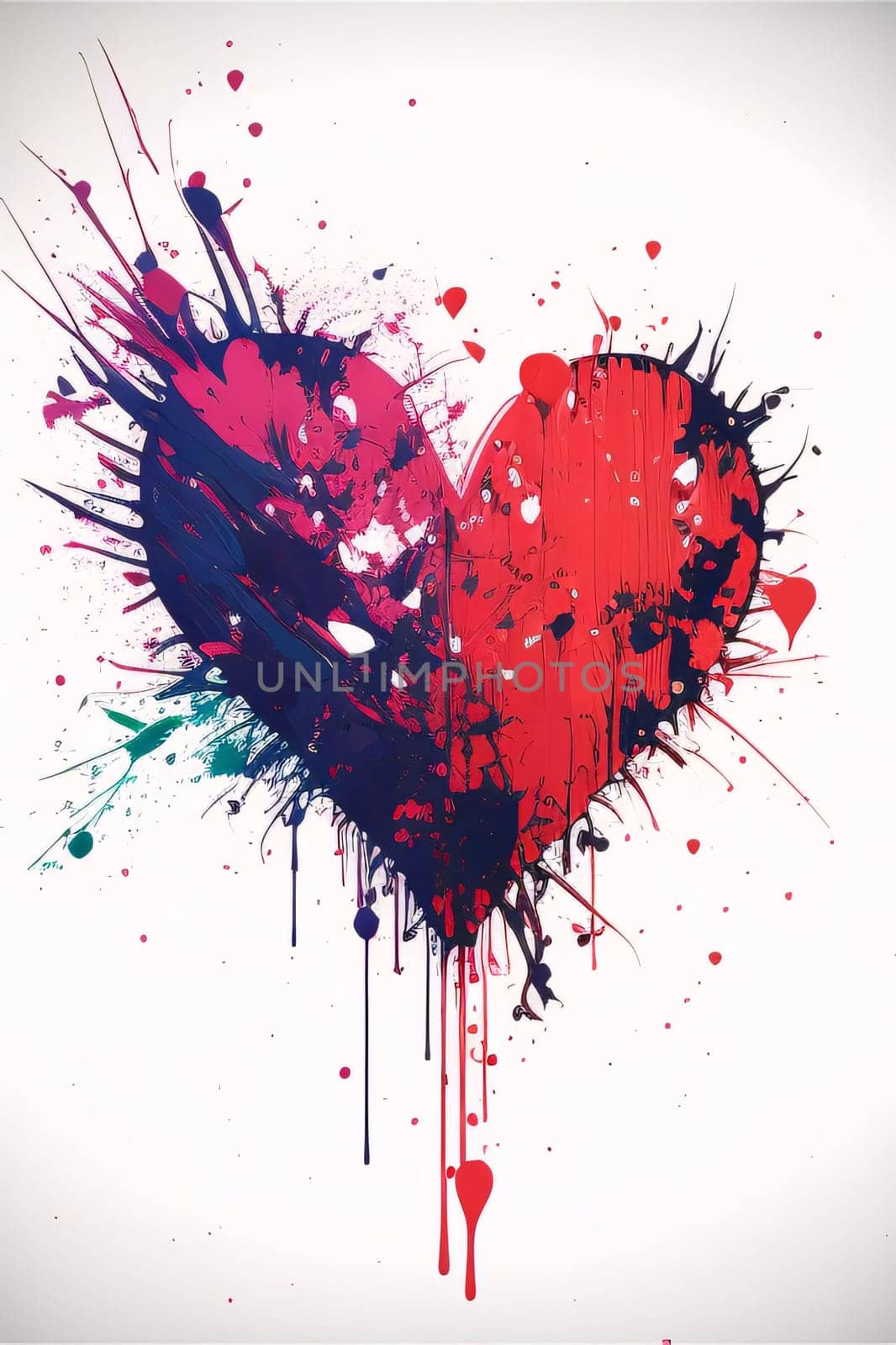 Painted red heart with splattered paint, white background. Heart as a symbol of affection and love. The time of falling in love and love.