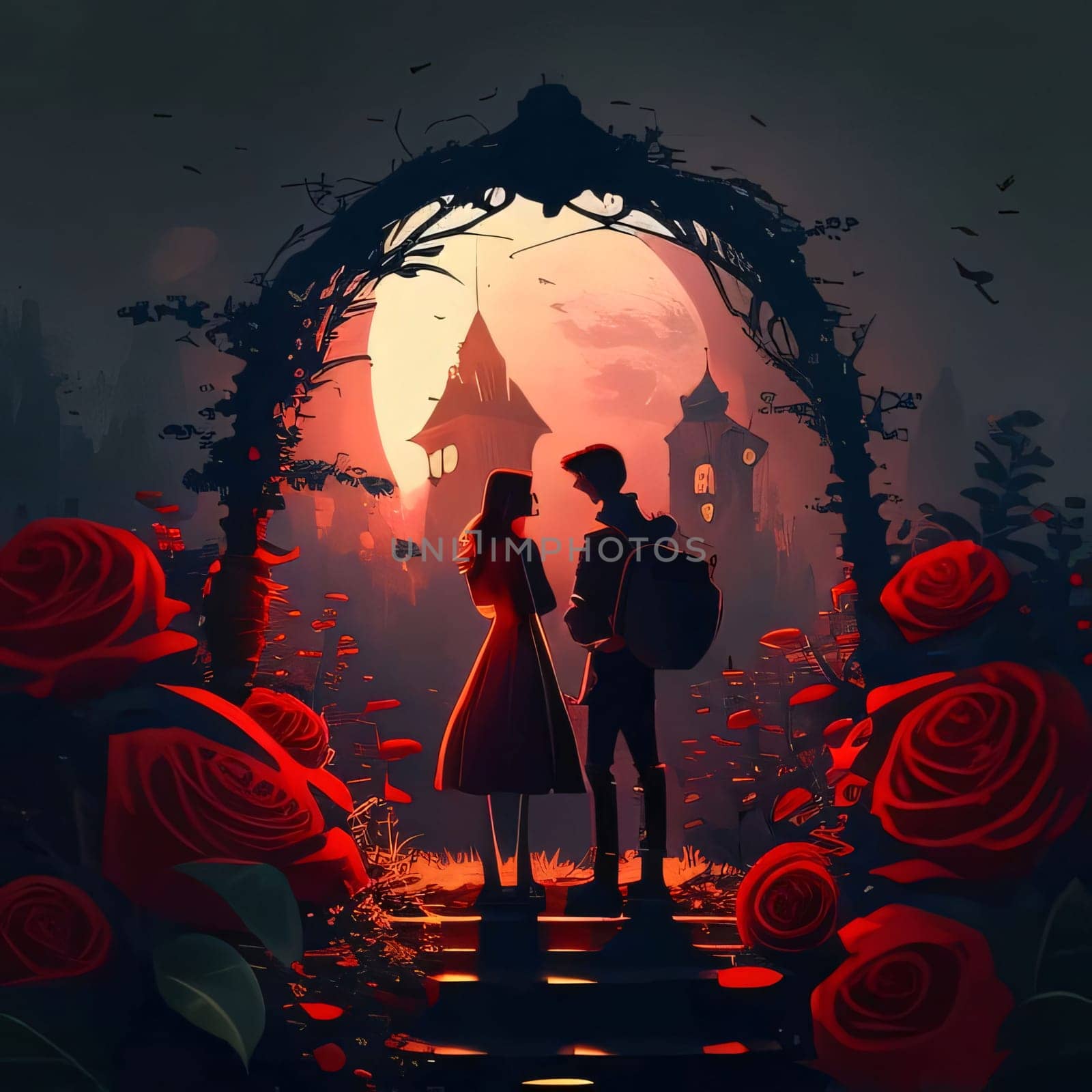 Illustration Boy and girl couple in love around red roses, moonlight. Heart as a symbol of affection and love. The time of falling in love and love.
