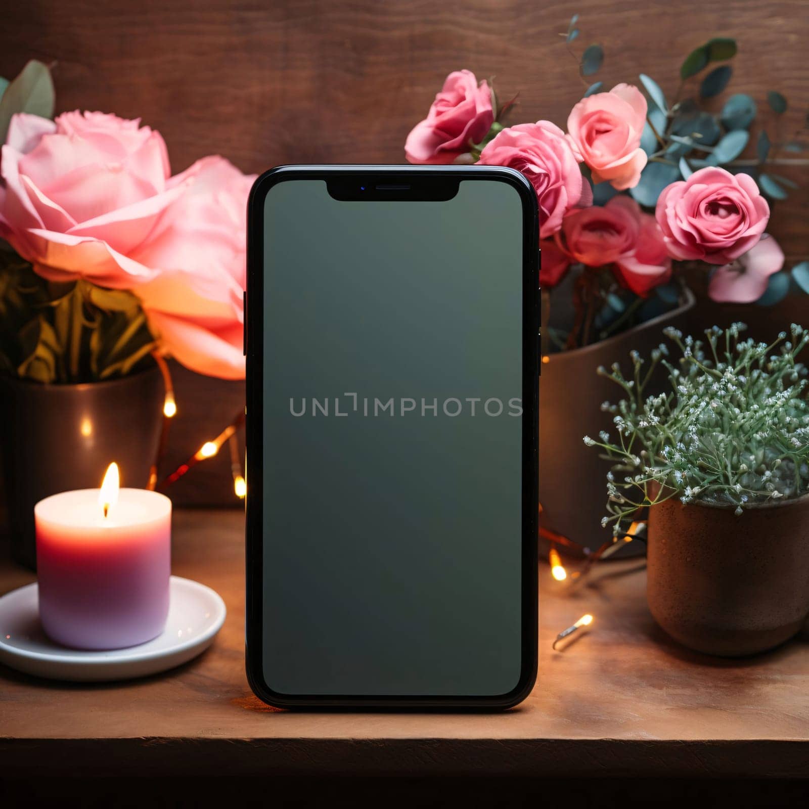 Blank smartphone screen around roses flowers burning candle, wooden background. Heart as a symbol of affection and love. The time of falling in love and love.