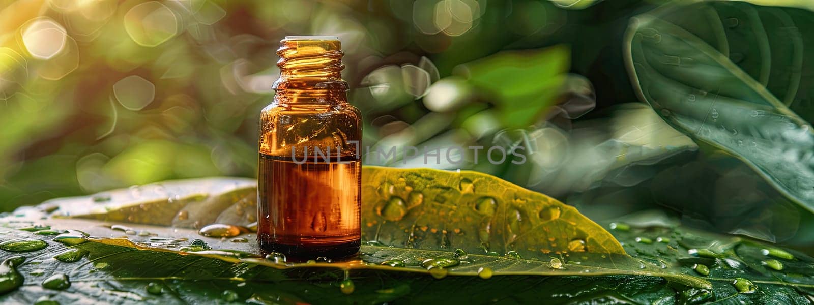 A bottle of essential oil on a wet leaf of a plant. Selective focus. spa.