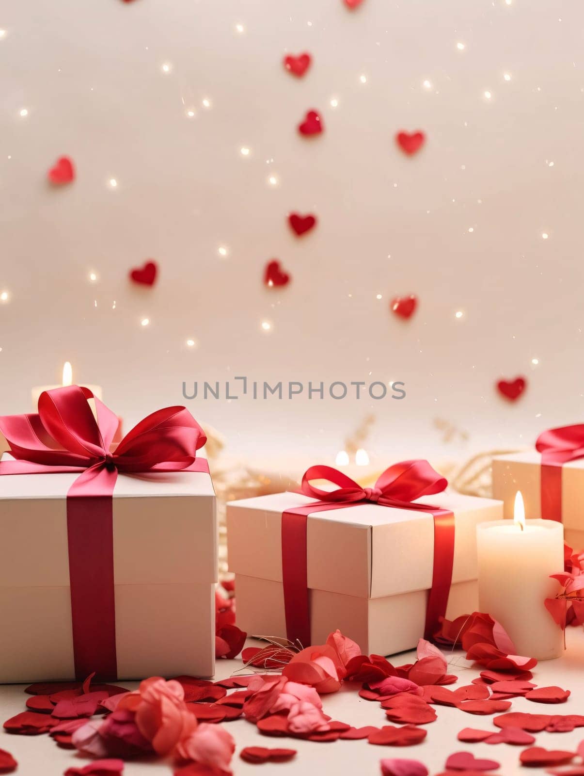 View of scattered red hearts, gifts with red bows and a candle.Valentine's Day banner with space for your own content. White background color. Blank field for the inscription. Heart as a symbol of affection and love.