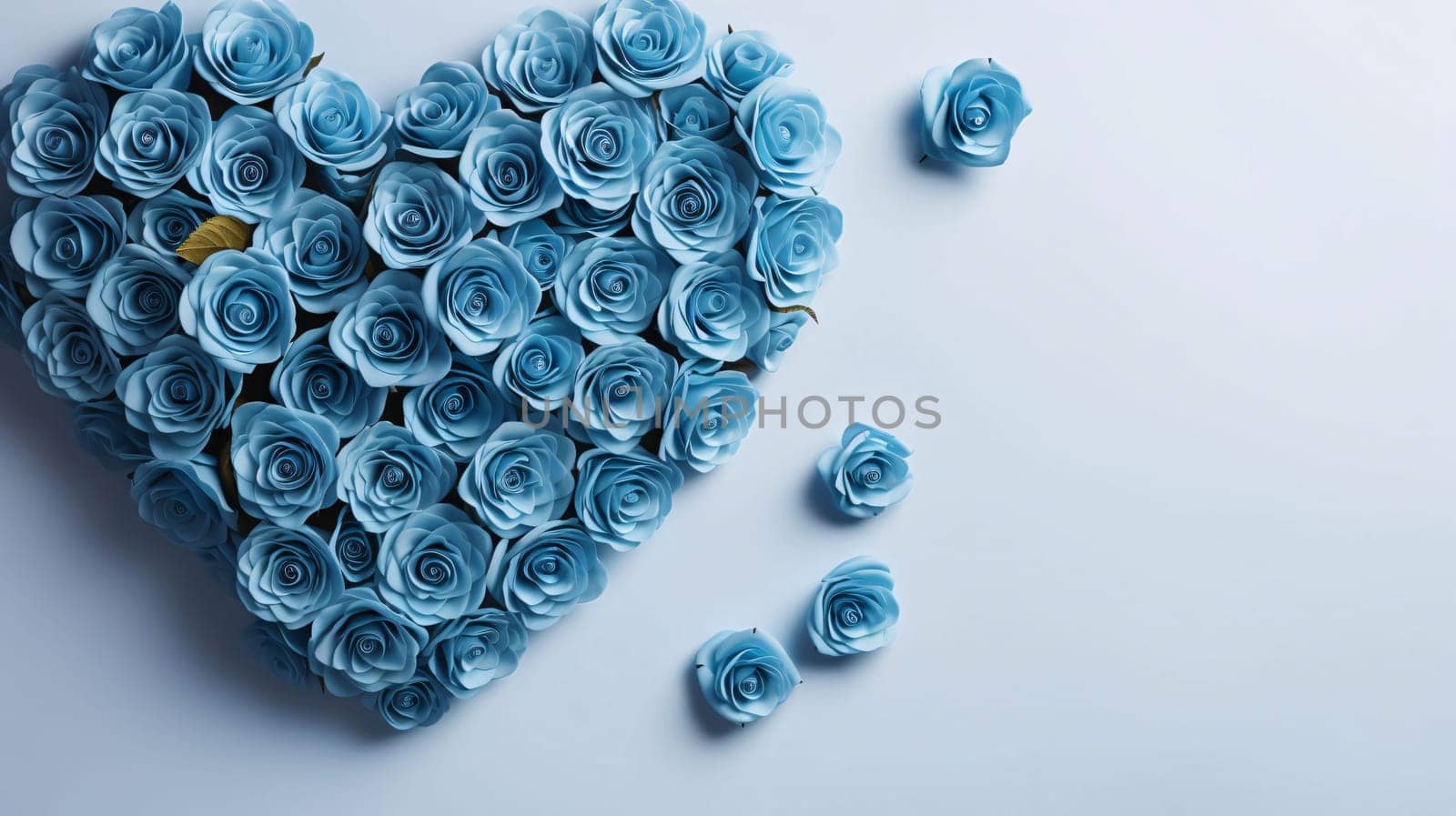 Big heart with blue rose flowers, light background.Valentine's Day banner with space for your own content. Heart as a symbol of affection and love.