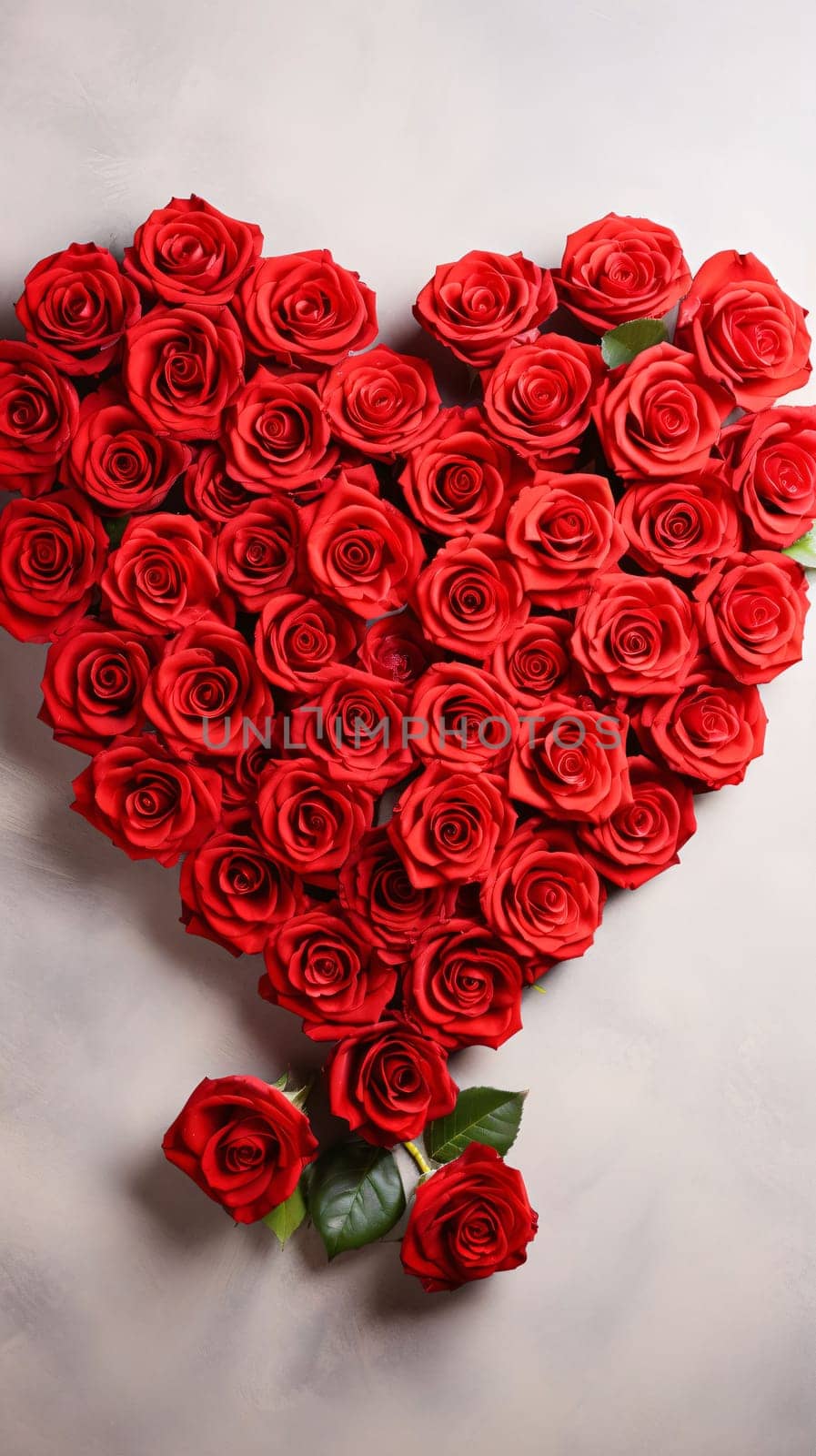 Big heart with red rose flowers, light background.Valentine's Day banner with space for your own content. Heart as a symbol of affection and love.