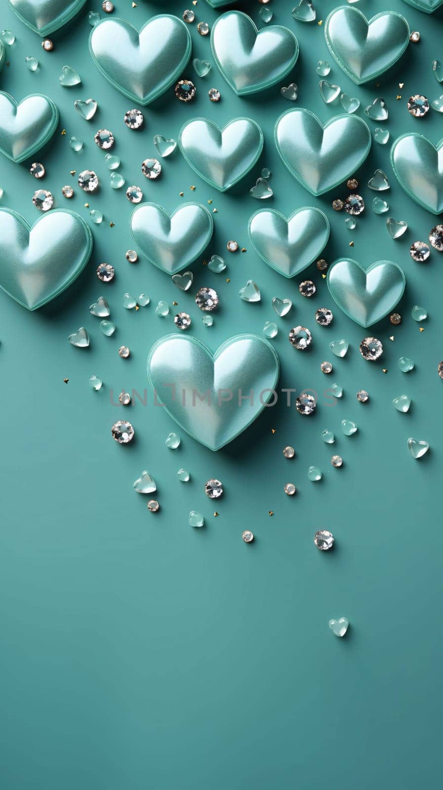 Green celadon hearts and scattered diamonds.Valentine's Day banner with space for your own content. Heart as a symbol of affection and love.