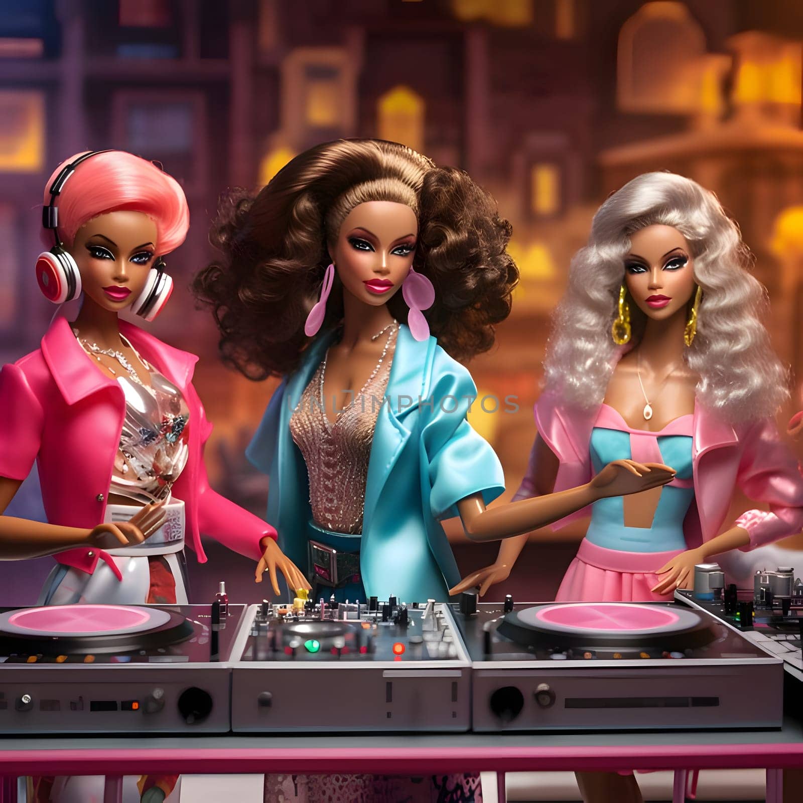 Three Barbie dolls, dressed as DJs, take the center stage against a dynamic and blurry background, ready to rock the party with their music.