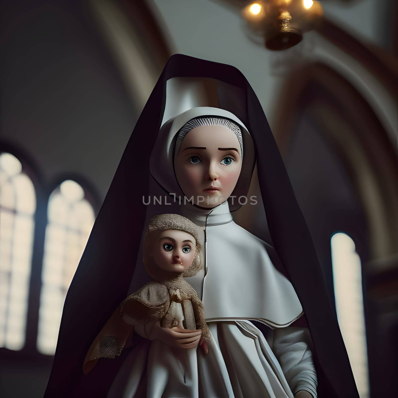 A serene nun doll lovingly cradles a child in her arms, standing near the convent windows, radiating warmth and compassion in their peaceful surroundings.