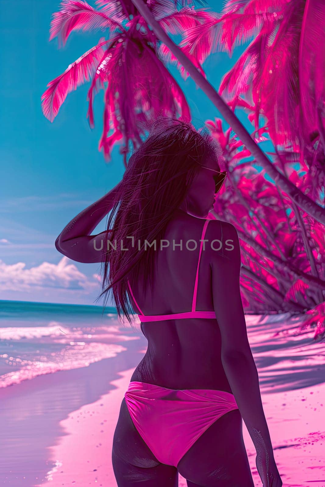 Woman in a pink swimsuit on the beach. Selective focus. Girl.