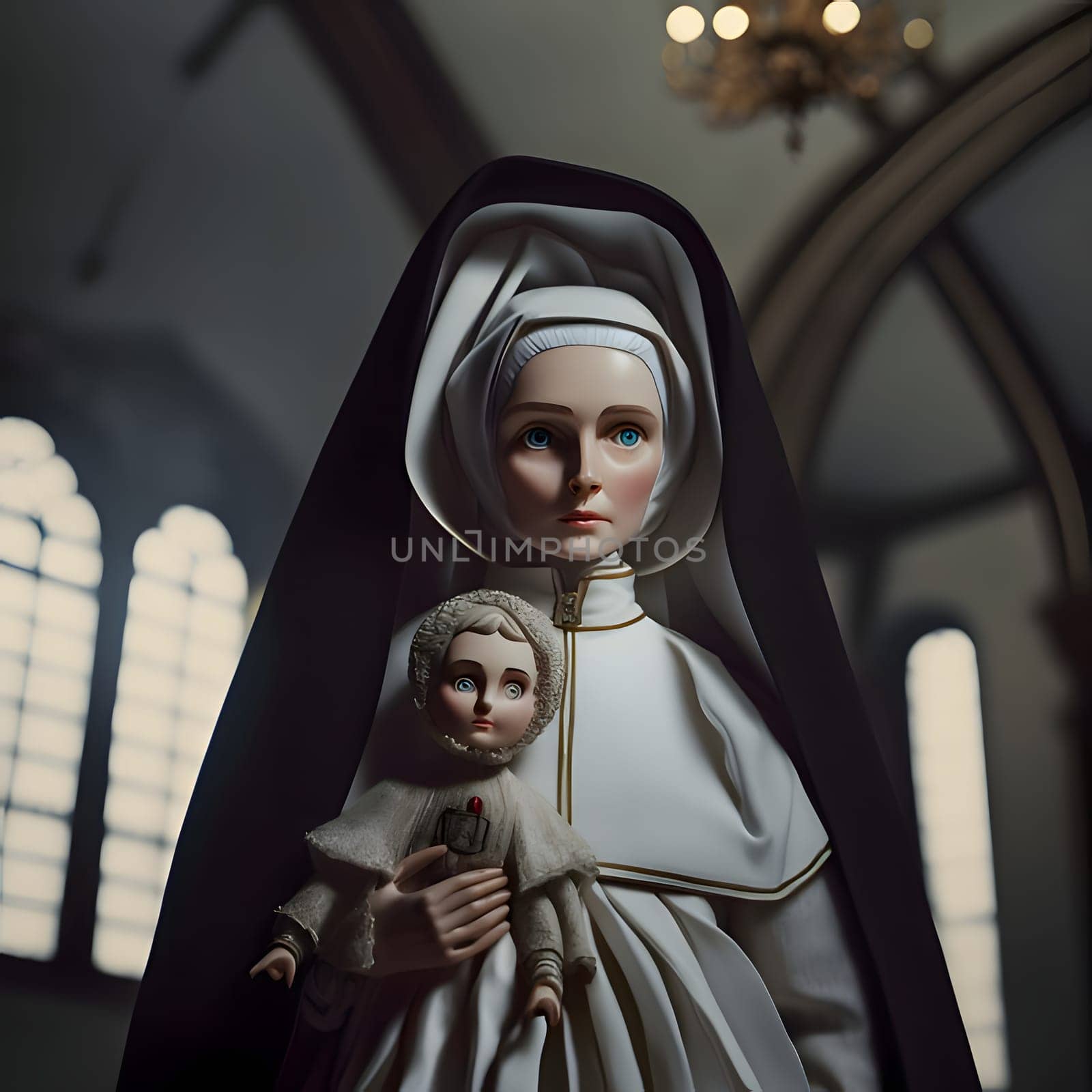 A serene nun doll lovingly cradles a child in her arms, standing near the convent windows, radiating warmth and compassion in their peaceful surroundings.