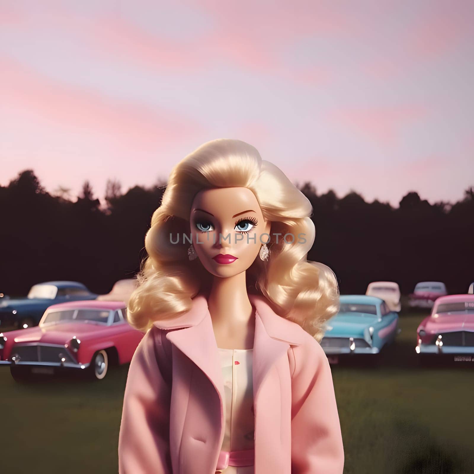 In this front view, a cute blonde Barbie doll is seen wearing a stylish pink outfit, striking a pose against a background of cars.