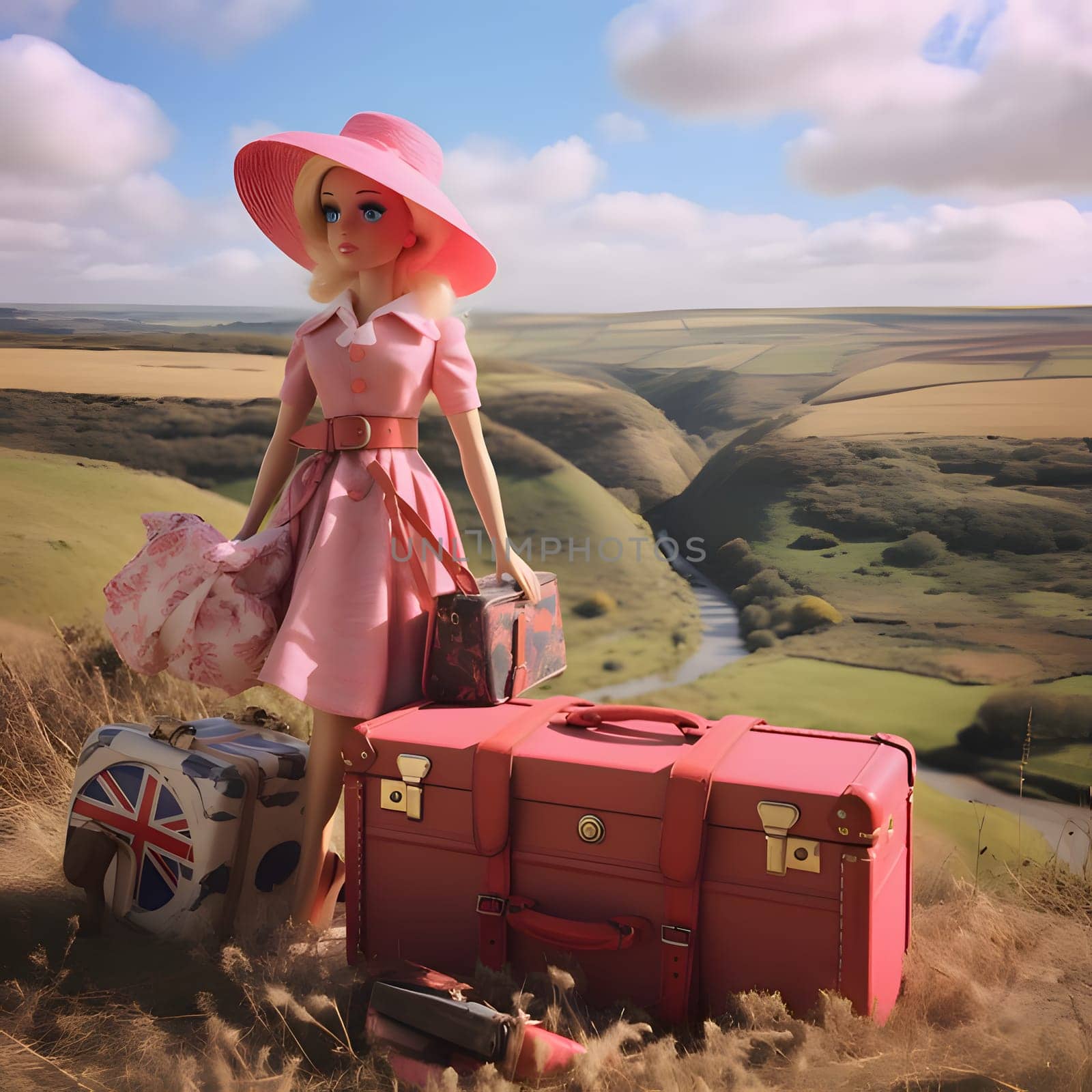 In this front view, a cute blonde Barbie doll is elegantly posed with suitcases against a beautiful natural landscape background.