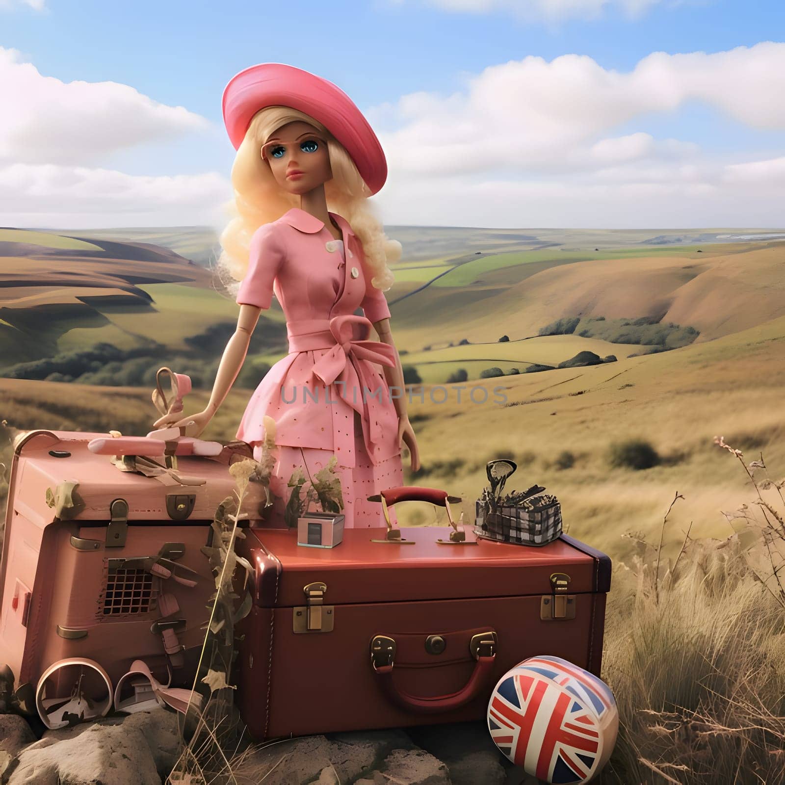 In this front view, a cute blonde Barbie doll is elegantly posed with suitcases against a beautiful natural landscape background.