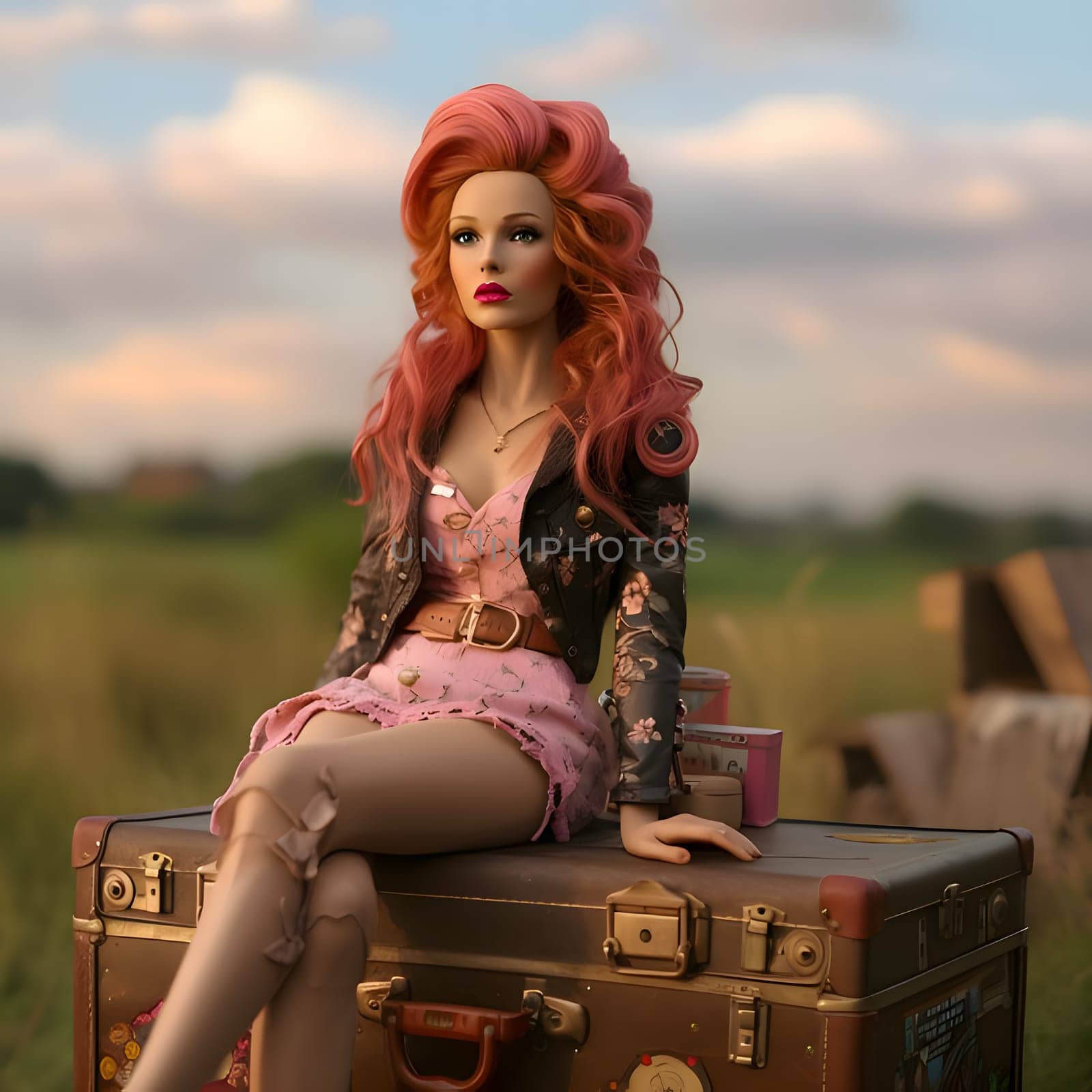 In this front view, a cute blonde Barbie doll is elegantly posed with suitcases against a beautiful natural landscape background.