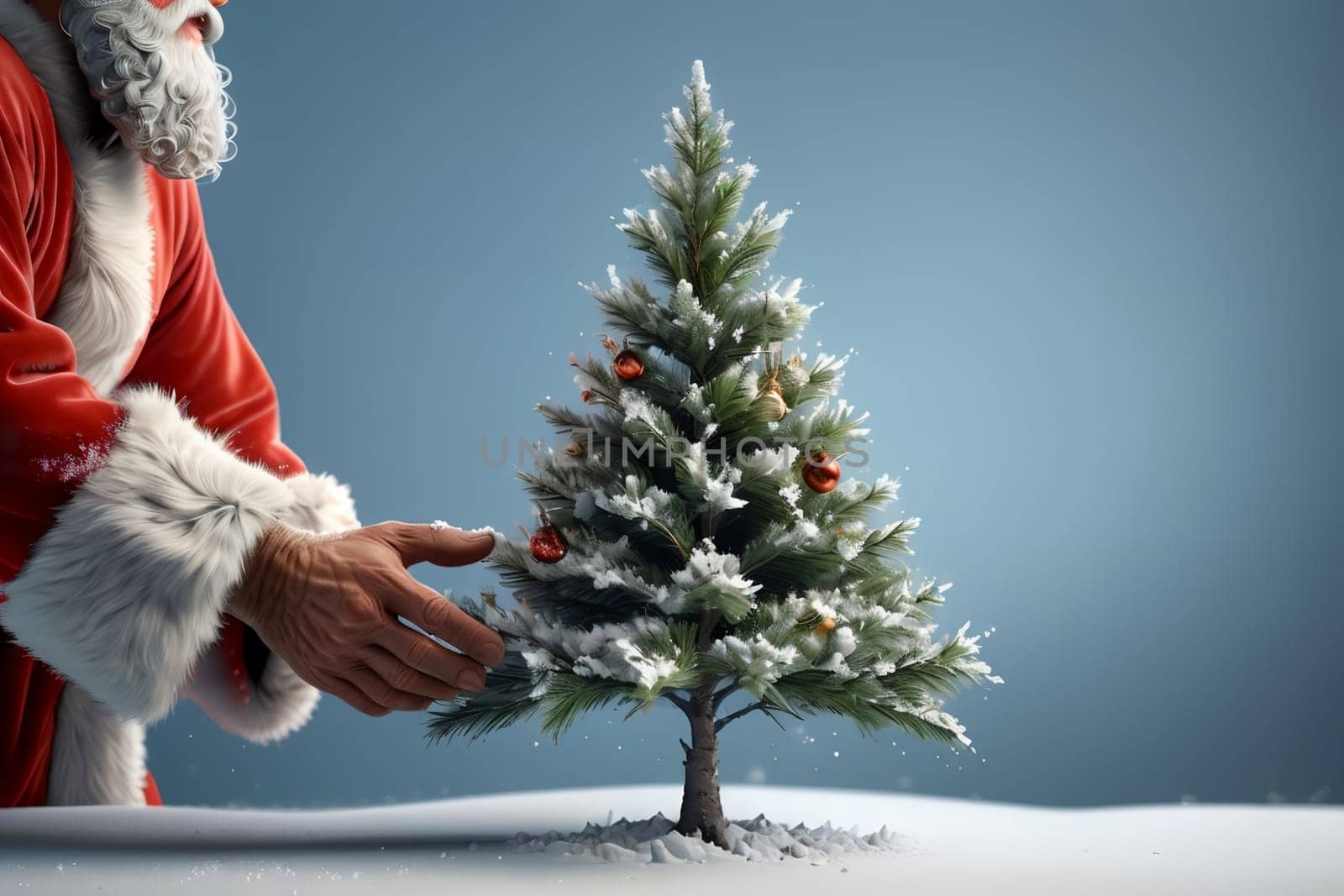 Christmas tree in the hand of Santa Claus, isolated on a blue background by Rawlik