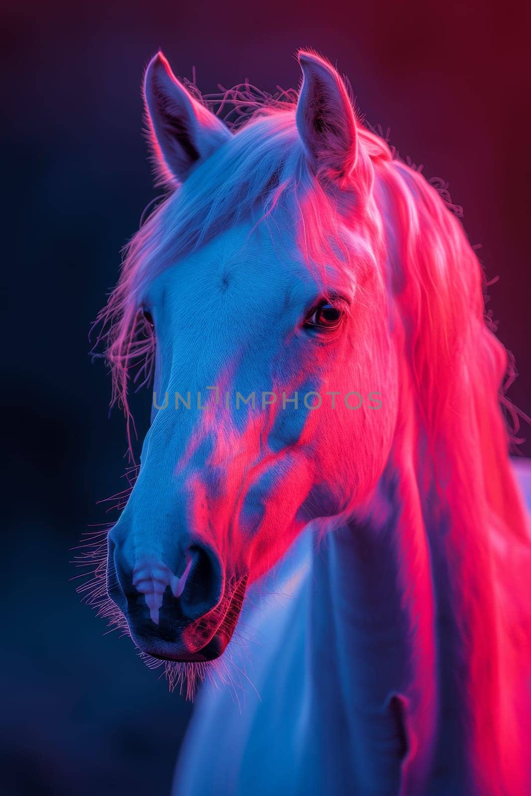 A horse with a pinkish glow on its face. The horse is white and has a pinkish hue