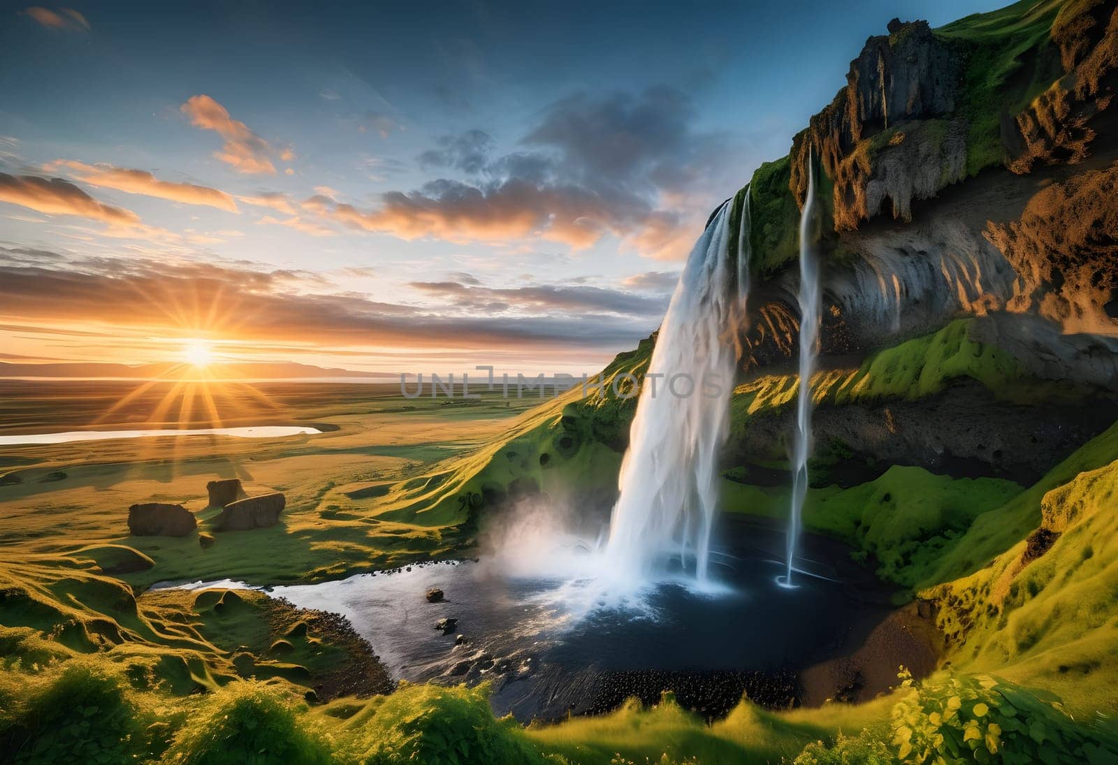 Icelandic Splendor: Seljalandsfoss Waterfall at Sunset in HDR
