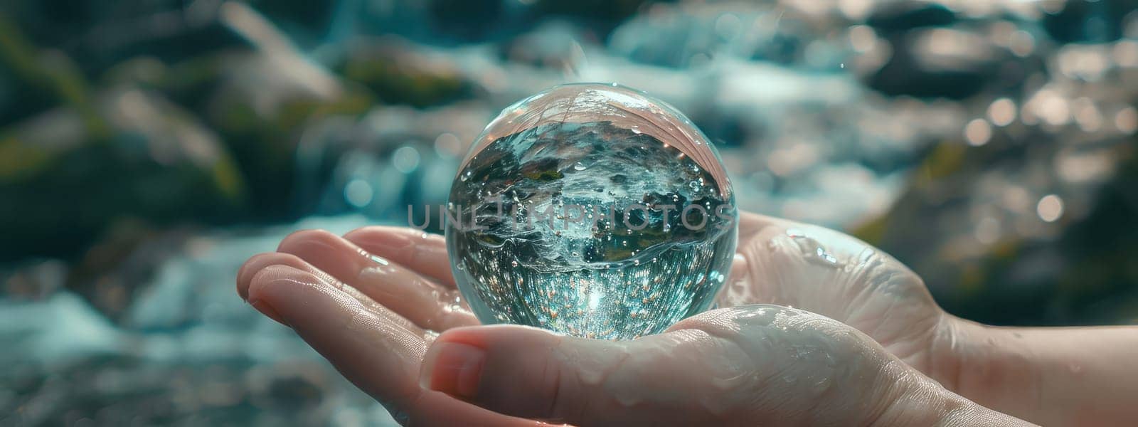 A drop of water in the hands of a man. Selective focus. Nature.