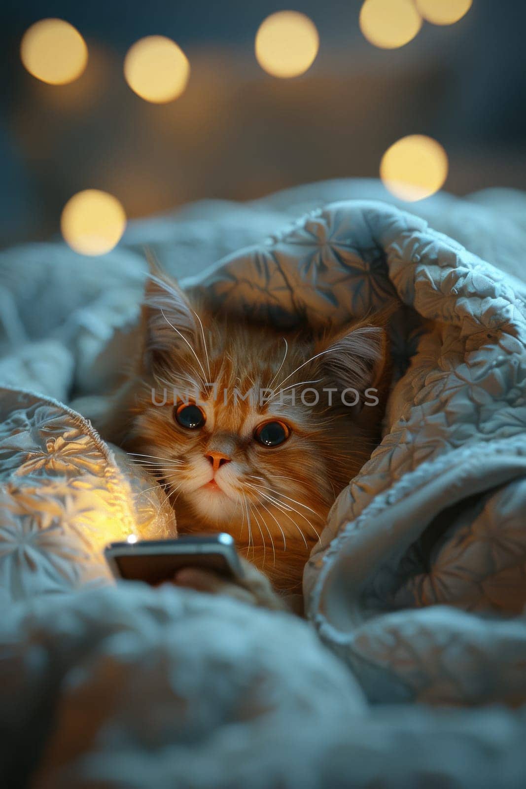 A cat is laying on a bed with a phone in its mouth. The cat is looking at the camera with a curious expression