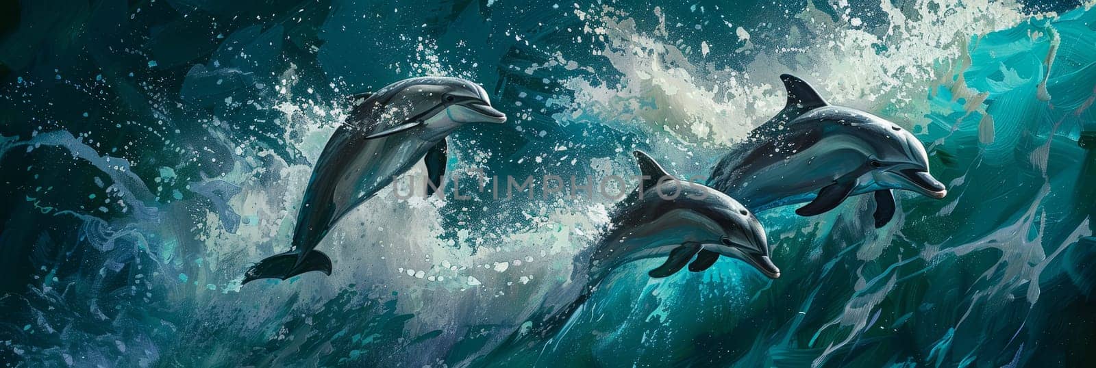 Three dolphins are jumping out of the water in a wave by AI generated image.