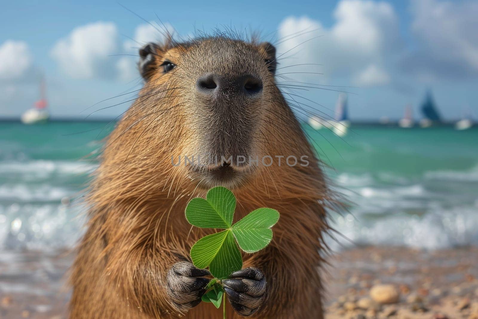 A brown capybara is holding a clover in its mouth on a beach. The scene is peaceful and serene, with the ocean in the background