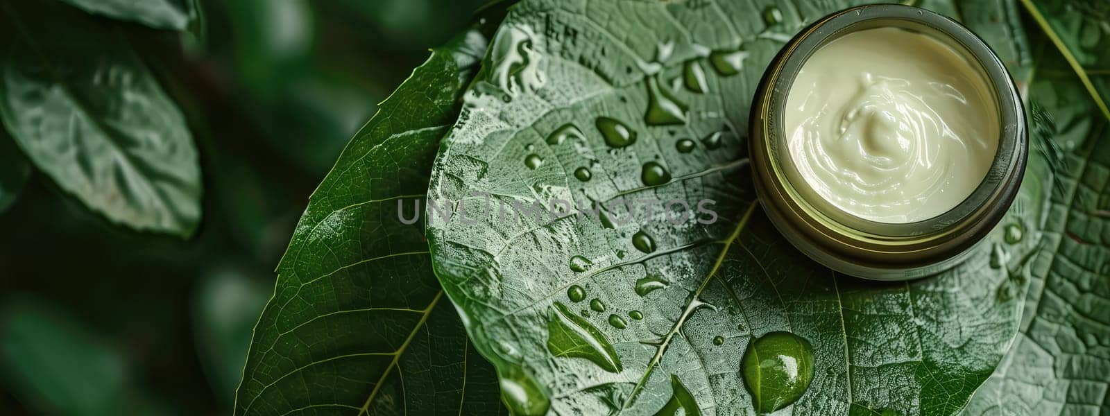 Face cream on a wet plant leaf. Selective focus. Nature.