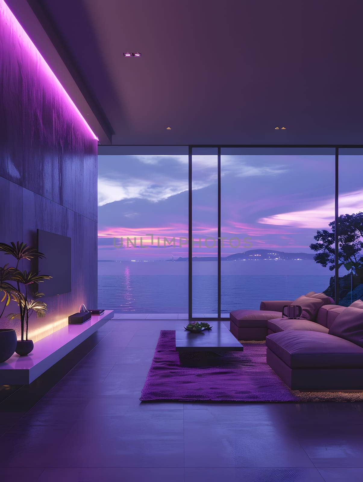 Condominium facade with violet lights ocean view by Nadtochiy