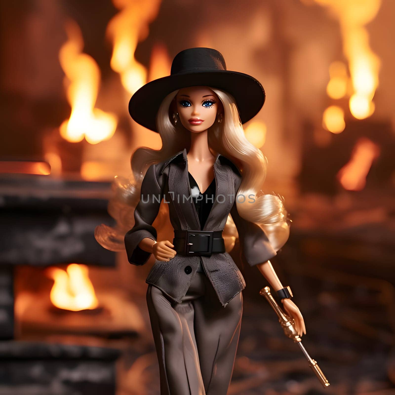 Cute blonde Barbie captivates in her black outfit and stylish black hat, standing against a backdrop of blurred flames of fire, creating a dramatic and intense atmosphere.