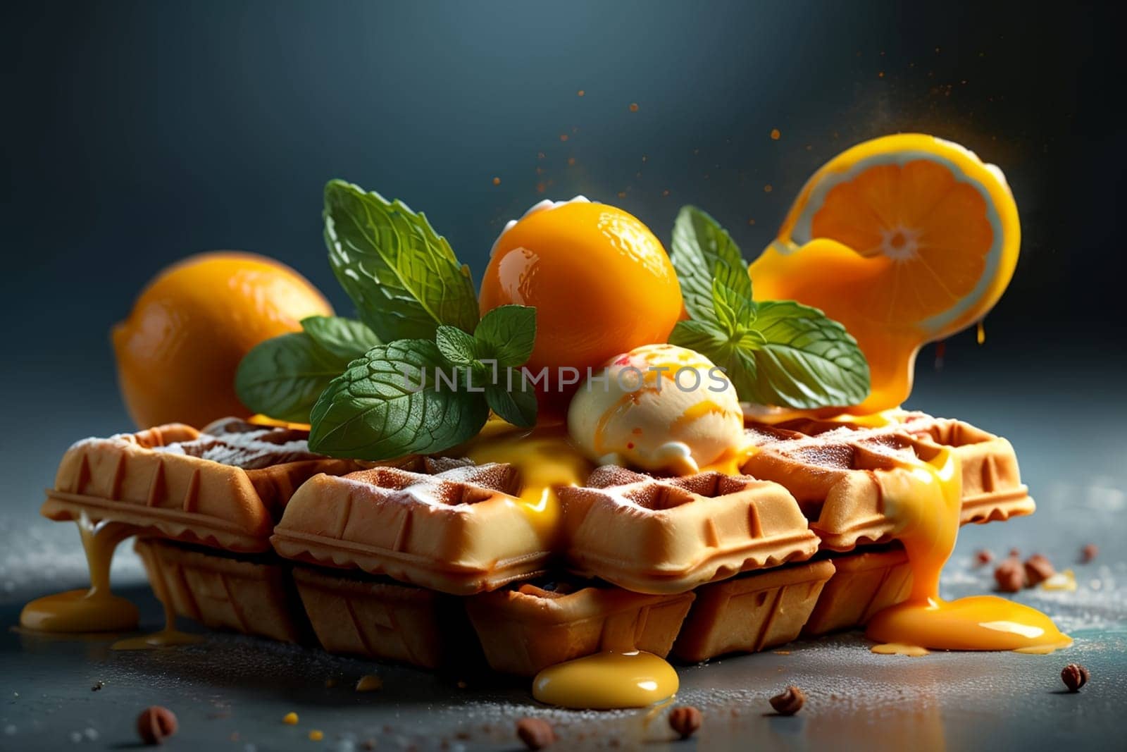 Viennese waffles and balls of juicy mint orange ice cream .