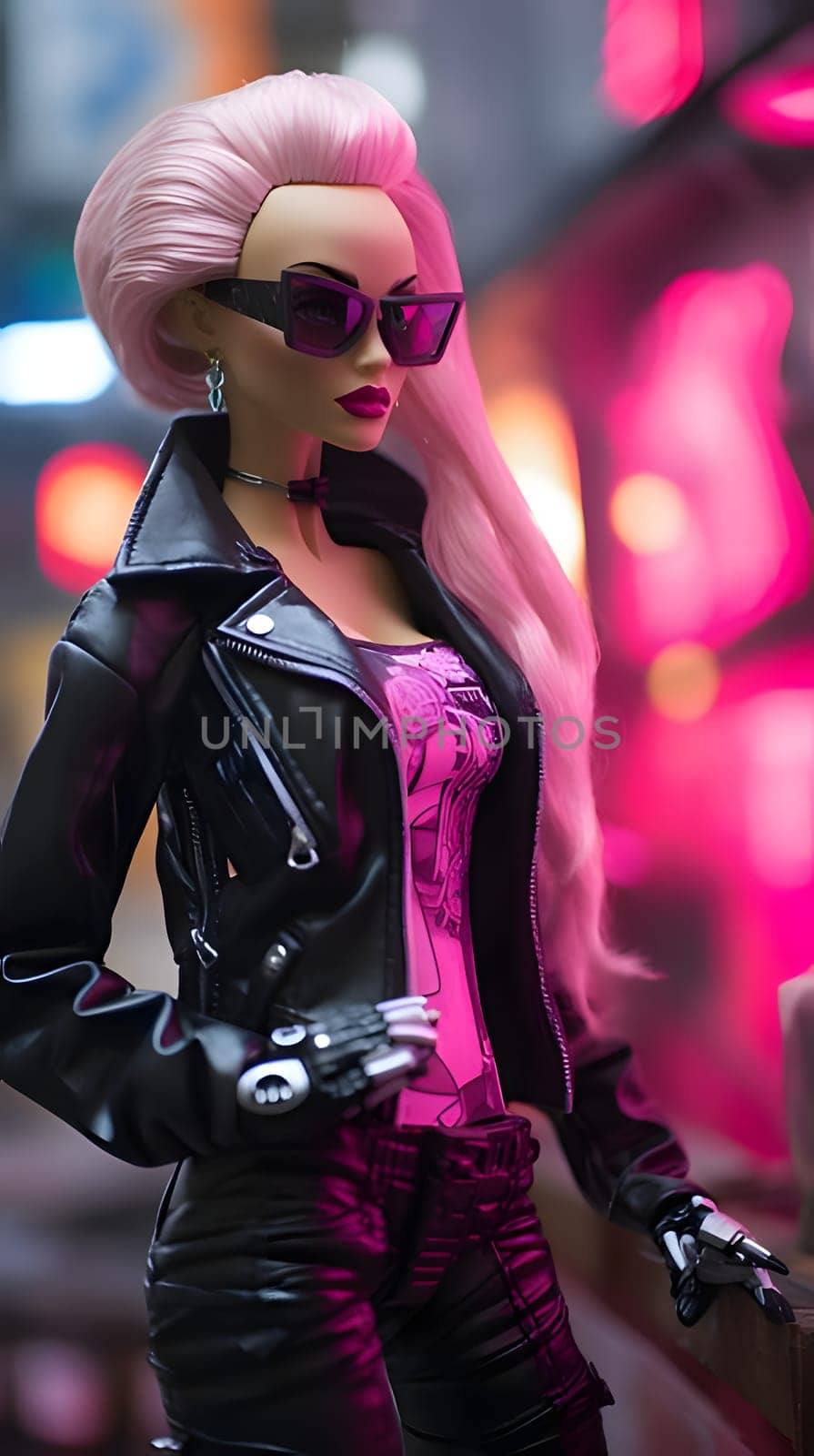 Cute blonde Barbie looks chic in her black outfit, standing confidently next to her sleek motorcycle, against a blurred pink background, adding a touch of style and adventure.