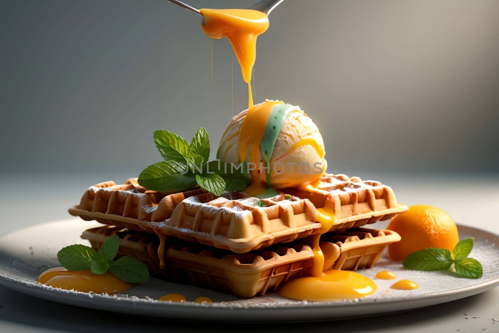 Viennese waffles and balls of juicy mint orange ice cream by Rawlik