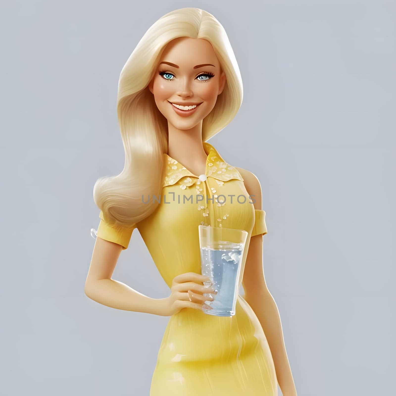 Blonde Barbie doll looks stunning in a vibrant yellow dress, holding a refreshing glass of water, surrounded by a bright and cheerful background.