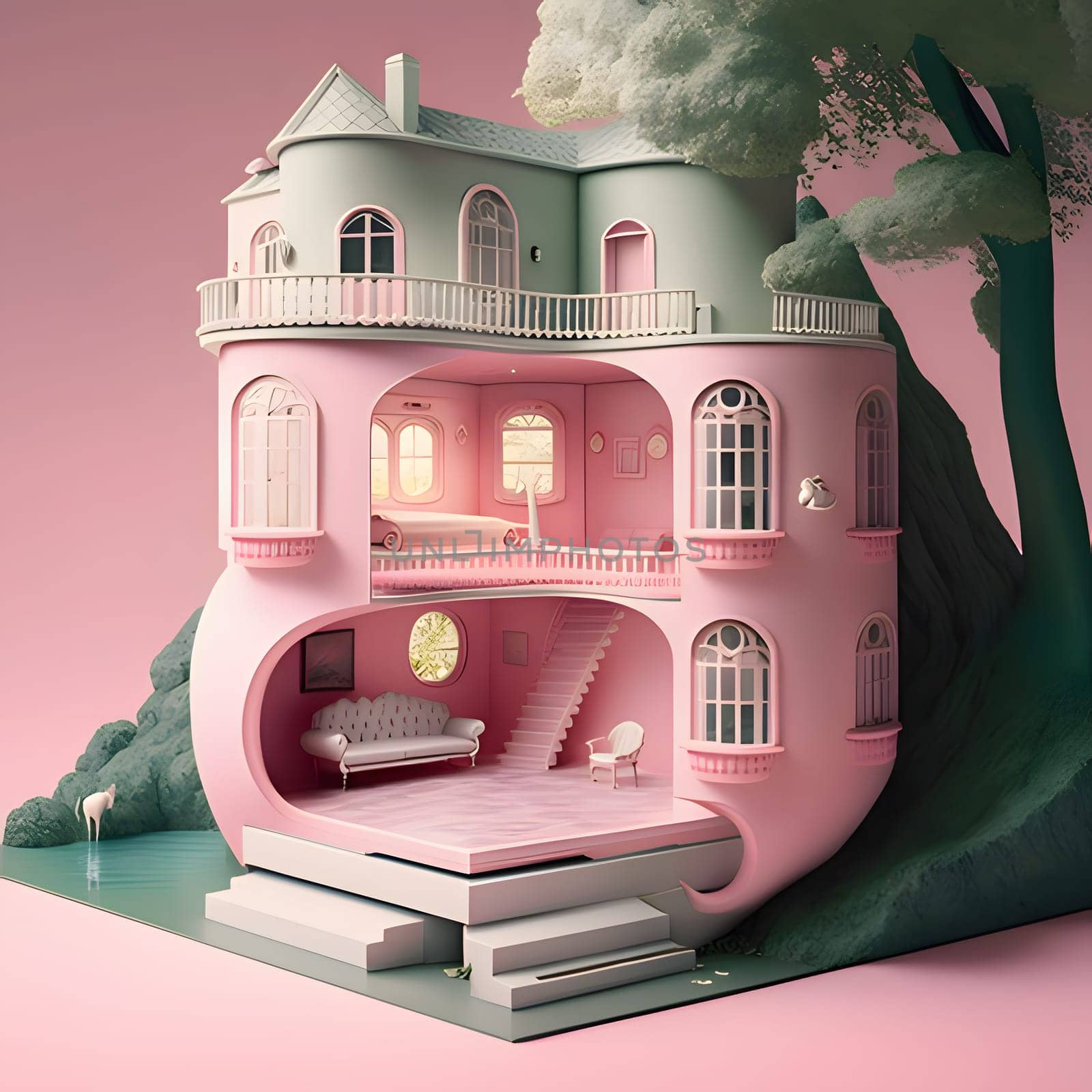 A delightful Barbie-style pink house stands brightly against the background, emanating a sense of joy and playfulness with its charming design.