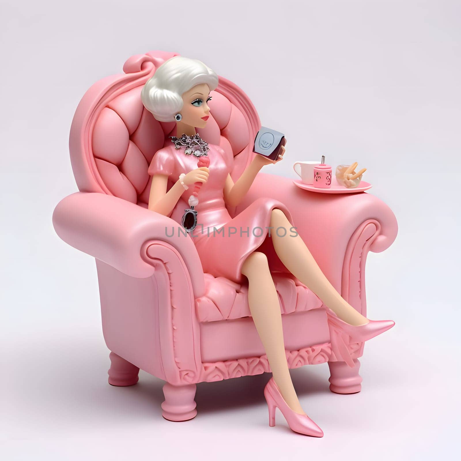 Blonde Barbie doll sitting on a pink armchair, dressed in a matching pink outfit.