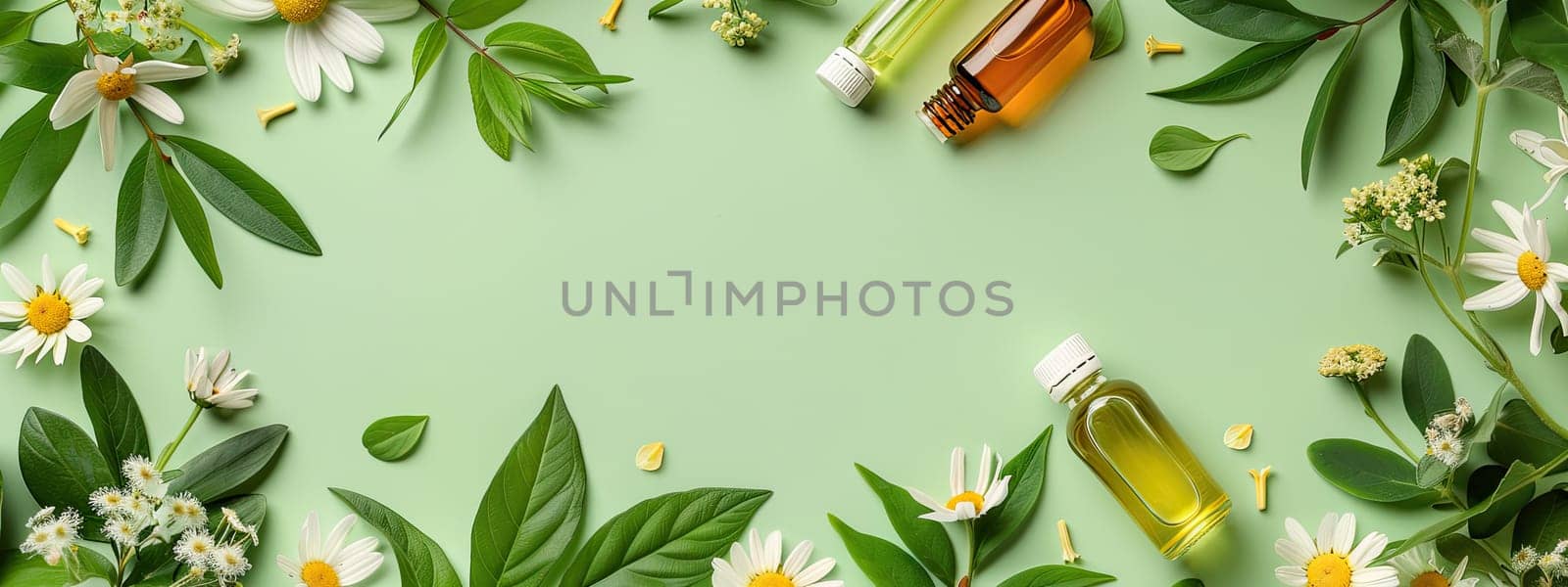 Bottles with essential oils on a background of flowers and leaves. Selective focus. nature.