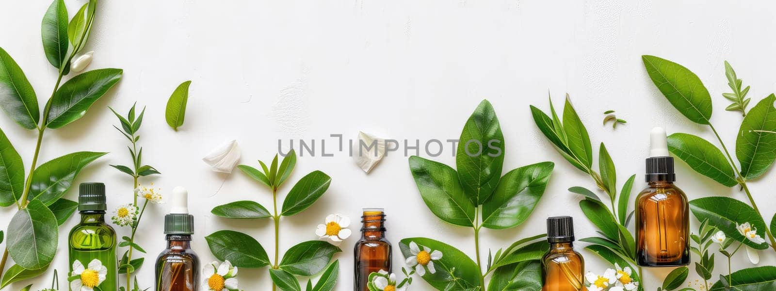 Bottles with essential oils on a background of flowers and leaves. Selective focus. nature.