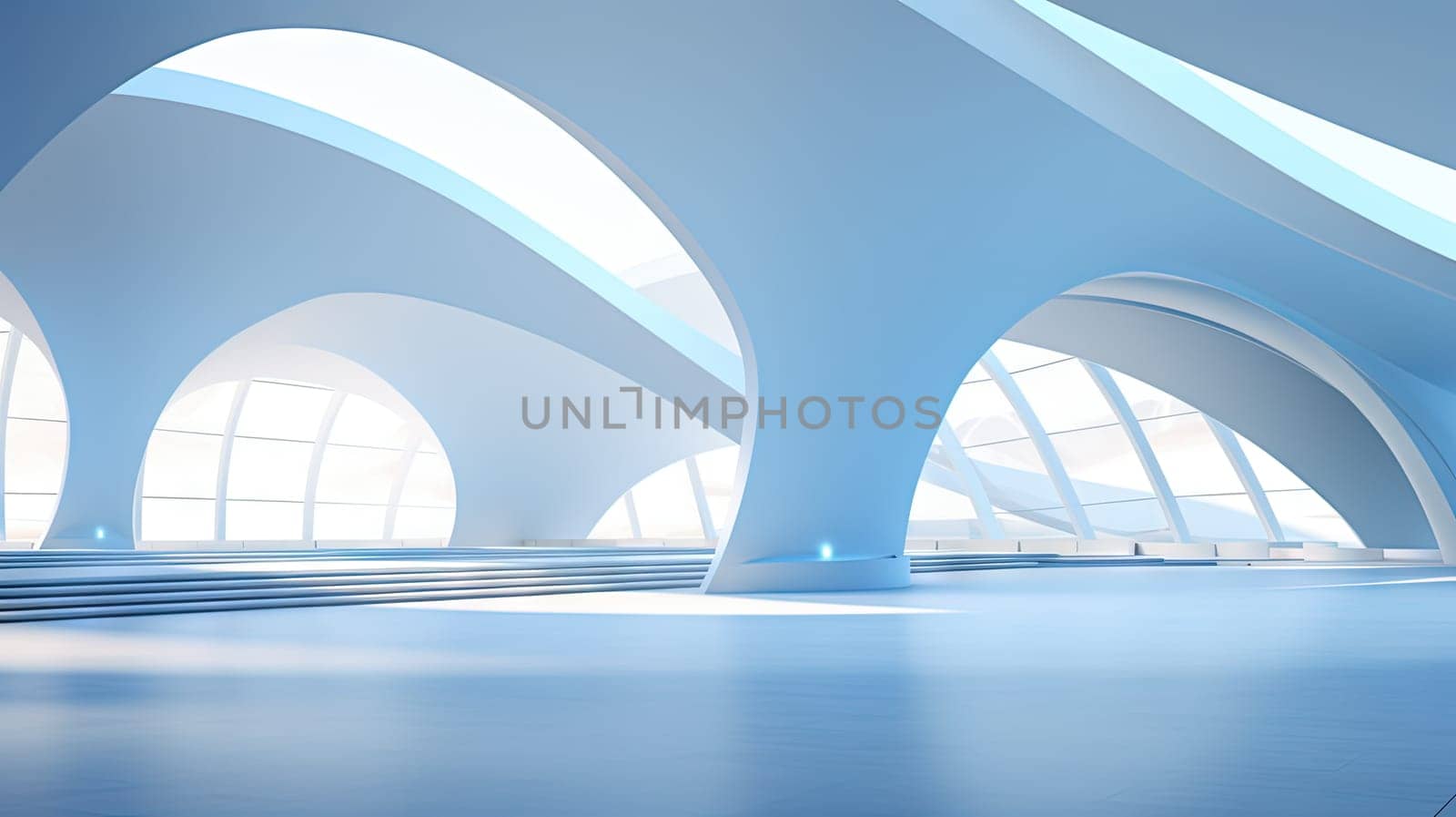 Abstract architecture scene with smooth curves. Abstract background with futuristic building in white and blue colors. Generated AI