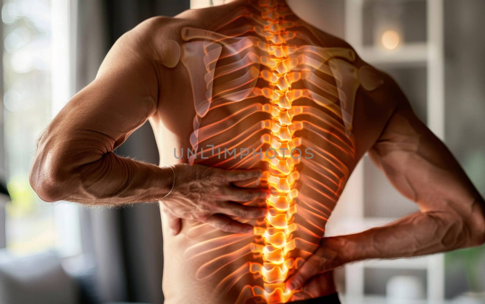 A man touches his lower back, overlaid with glowing spine imagery. This conceptual photo represents back pain and the importance of spinal health. by sfinks