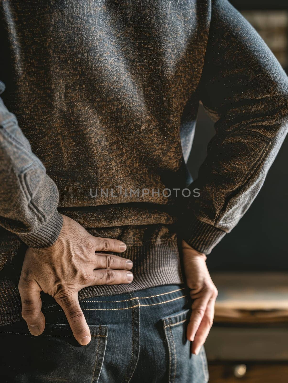 A person discreetly holds their back in pain, dressed casually in a textured sweater and trousers, highlighting everyday discomfort. by sfinks