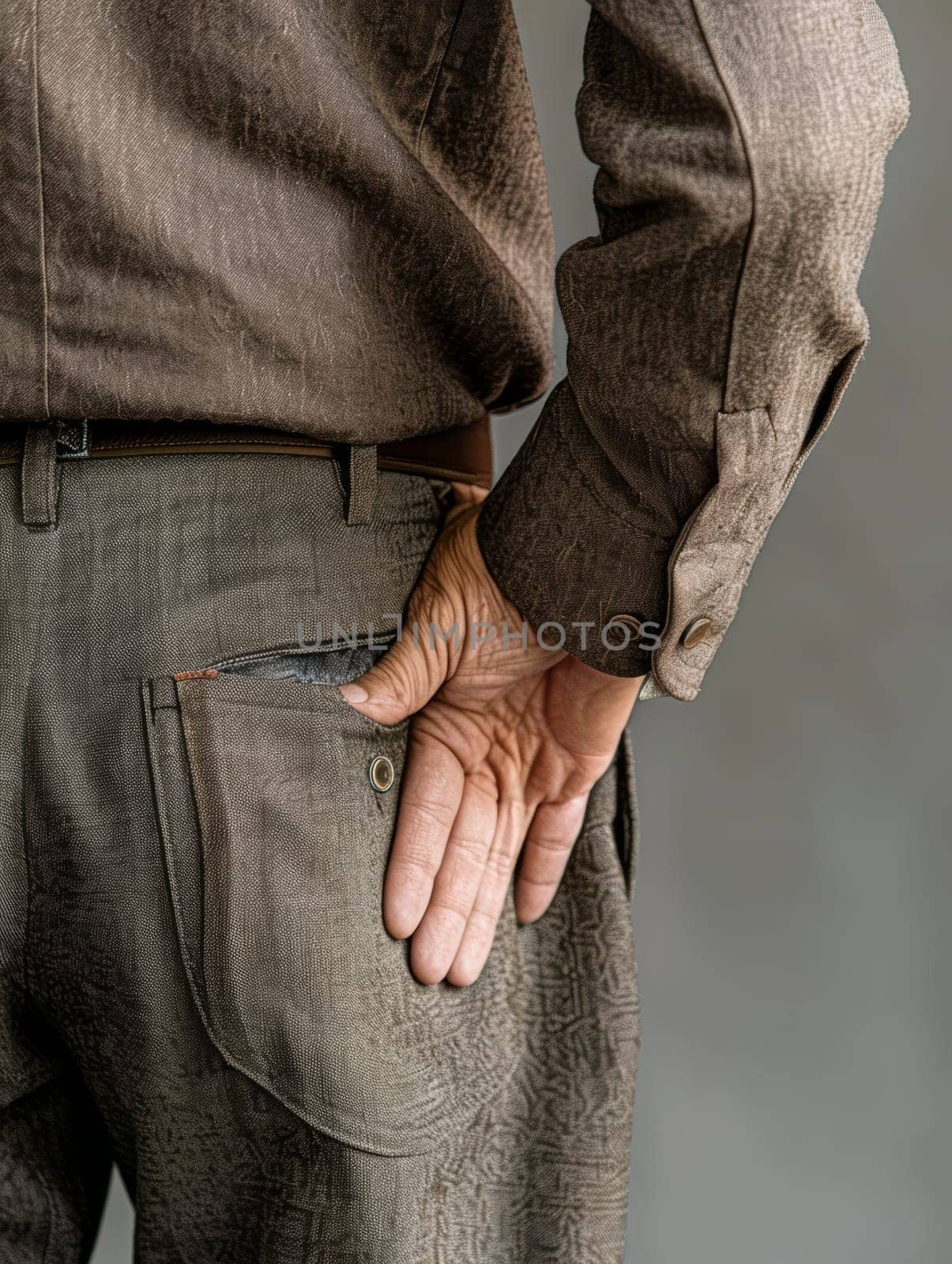 A hand rests on the lower back expressing pain, set against a soft, neutral-toned outfit and background, portraying the subtlety of chronic pain