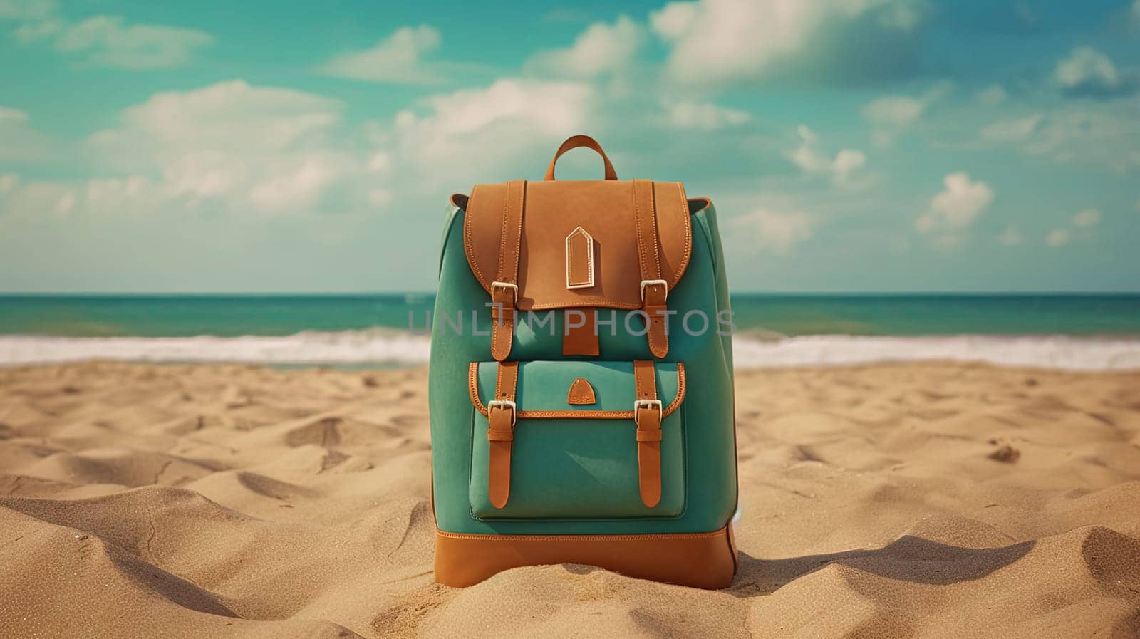 Backpack on the sand of the beach. Vacation scene with schoolbag on the shore line. Generative AI