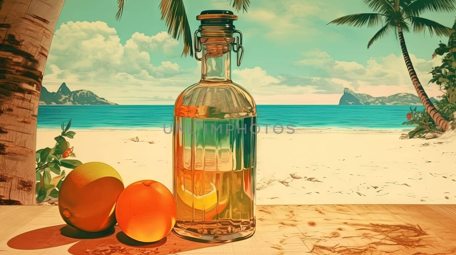 Bottle with fruit water or alcohol in the sand of the beach. Vacation scene with lemonade bottle on the shore line. Generative AI. by SwillKch