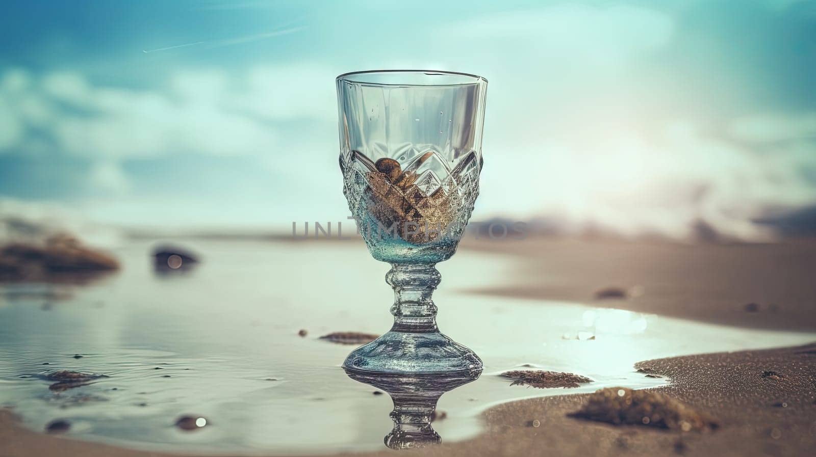 Glass with water in the sand of the beach. Vacation scene with glass on the shore line. Generative AI.