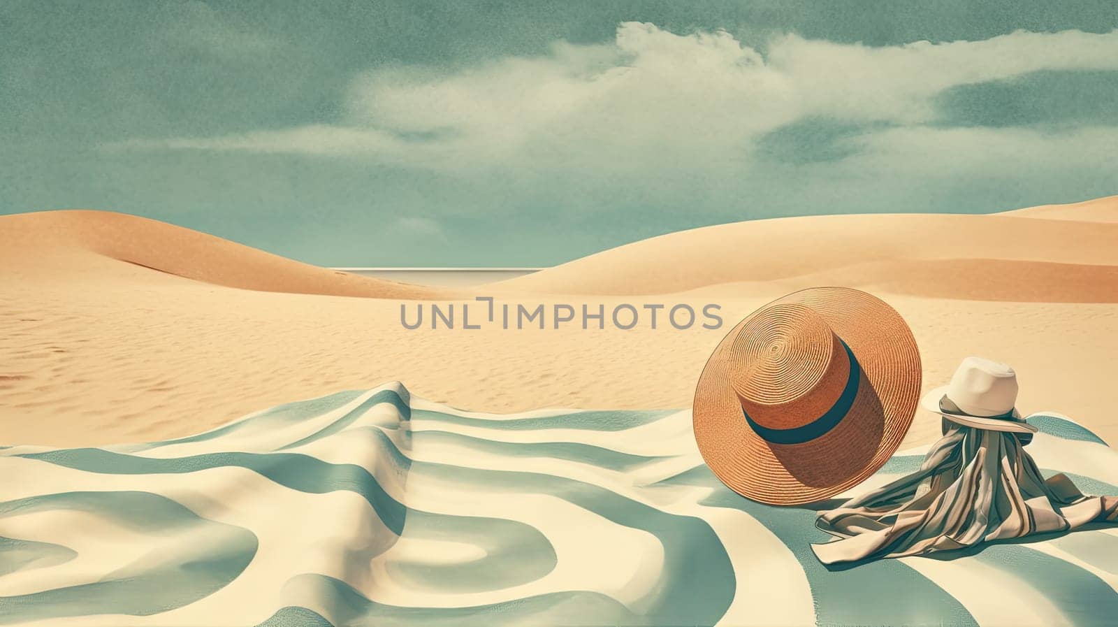 Hat and towel on the sand of the beach. Vacation scene with straw hat on the shore line. Generative AI