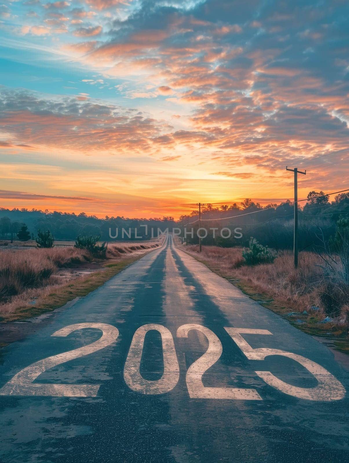 A crisp sunrise road boldly displays '2025', as if guiding travelers toward the promise of the coming year. The dawn sky flares with colors of hope and new possibilities