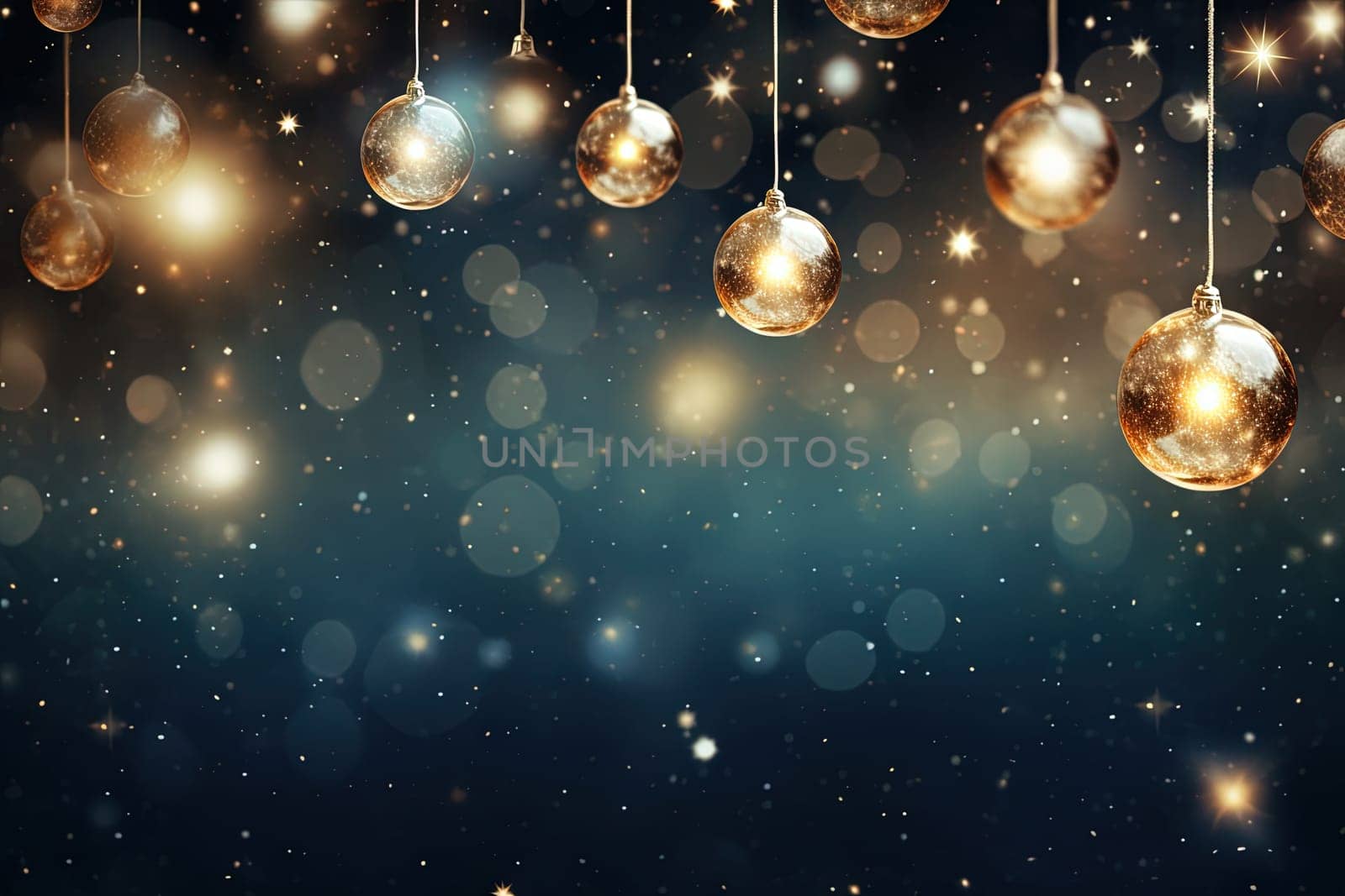 Christmas glass balls on the blurred background with bokeh. Winter holidays greeting card. Generated AI