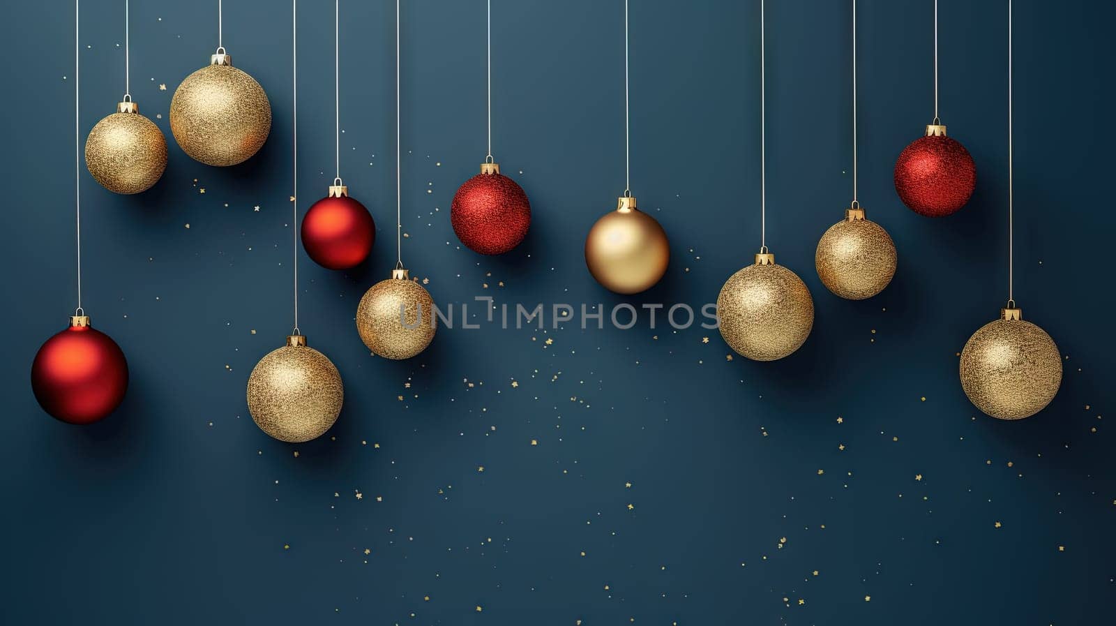 Christmas balls hanging in line on blue background. Winter holiday card with baubles. Generated AI