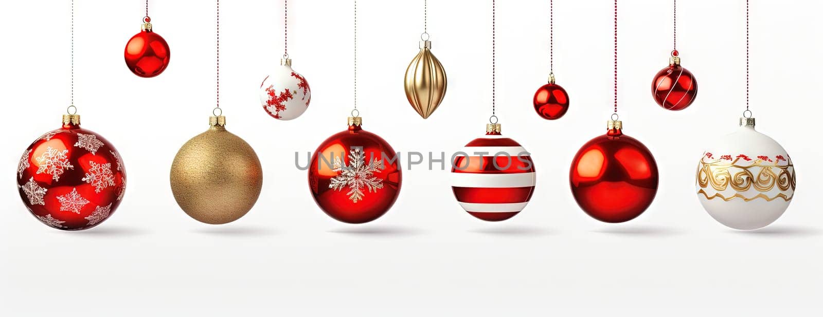 Shiny Christmas baubles in line. Collection of Xmas glass balls with ornament. Generated AI